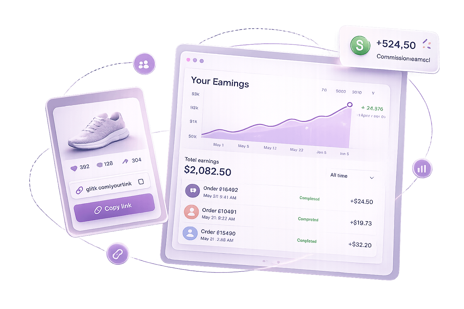 Glitz platform showing influencer dashboard, product cards, and commission tracking